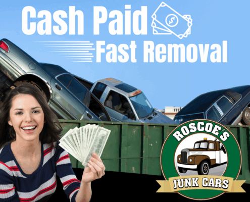 lady holding cash in front of junk cars in a dumpster
